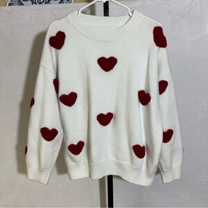 Super Cute Heart-Pattern Crewneck Sweater - White with Red Hearts large